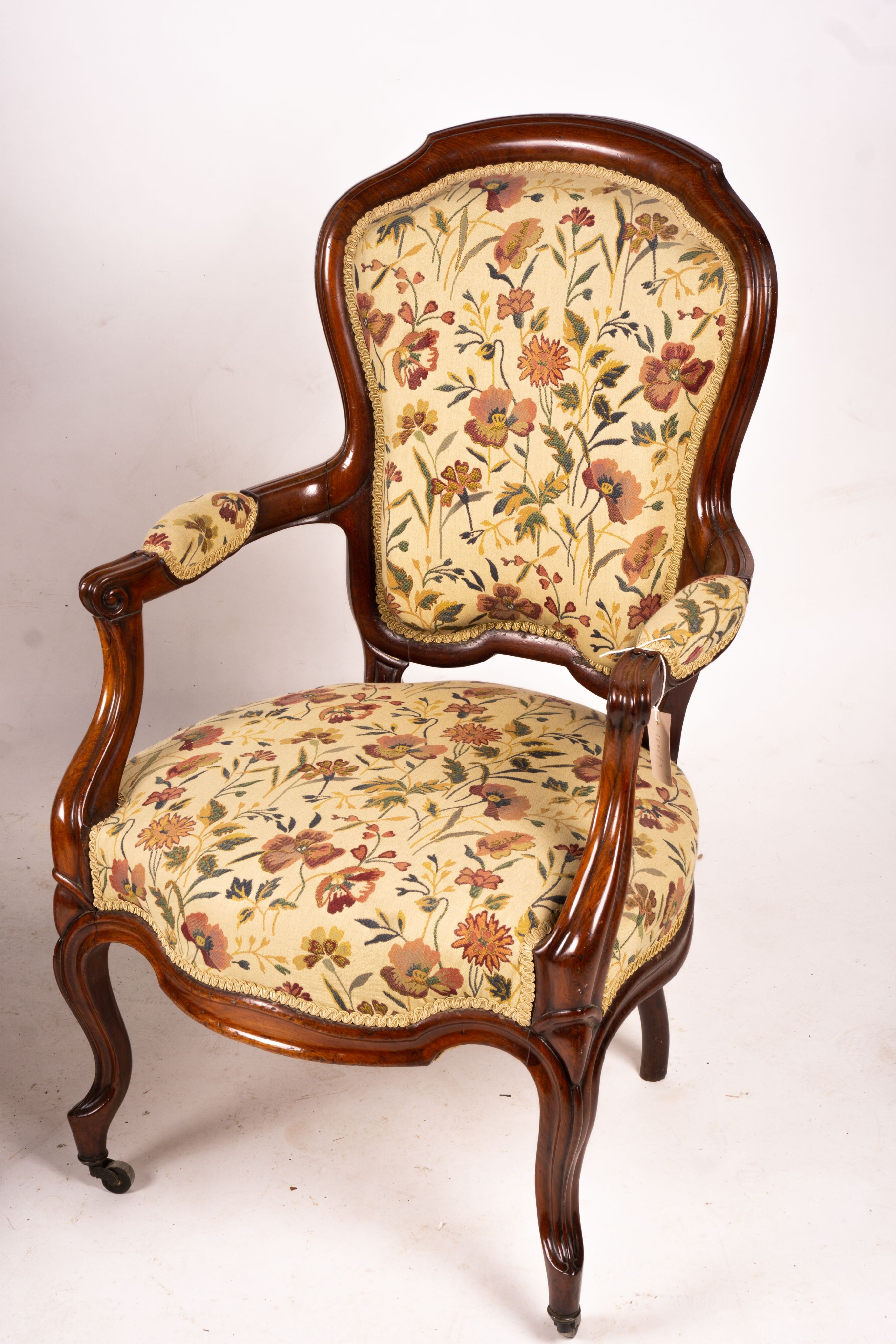 A pair of French mahogany framed open armchairs, width 60cm, depth 50cm, height 100cm